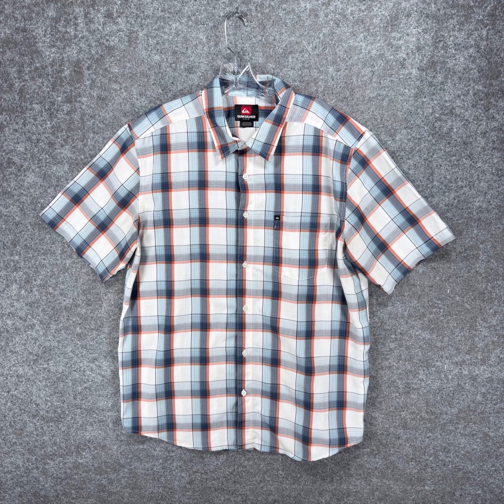 Quiksilver Men's L Plaid Short Sleeve Button Up Shirt Blue Orange Rayon Blend